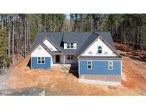 New construction home featuring blue siding, brick accents, and a modern roof design at 110 Purslane Dr, Franklinton, NC 27525