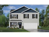 Charming two-story home with gray siding, blue shingled gable, and an attached two-car garage at 43 Red Cedar Way, Fuquay Varina, NC 27526