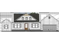 Detailed home elevation showing front door, multi-pane windows, vertical siding, and brick foundation at Lot 11H Good Shepherd Trl, Spring Hope, NC 27882