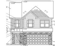 Detailed elevation of a two-story home showing stone and wood siding at 1049 Channel Drop Lp, Zebulon, NC 27597