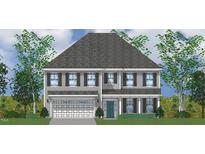 New construction home featuring a gray facade, shutters, an attached garage, and landscaping at 323 Augusta Pond Way # 171, Raleigh, NC 27603