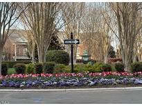 A landscaped neighborhood entrance features seasonal color, mature trees, and a decorative fountain at 303 Circle Park Pl, Chapel Hill, NC 27517