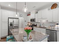 Modern kitchen with stainless steel appliances, granite countertops, and stylish lighting fixtures, and island with tulip display at 109 Shale Creek Dr, Durham, NC 27703