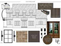 Exterior elevation showing weathered wood shingles, bronze metal roof, brick and black trim at 5107 Hearth Dr, Raleigh, NC 27609