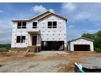 Exterior view of the new home with 2-car garage, showing the front entrance and architectural details at 15 Atherton Circle, Angier, NC 27501