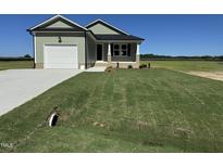 Charming one-story home with green vinyl siding, white trim, and a well-manicured lawn on a clear day at 163 Grace Pond Ave, Benson, NC 27504