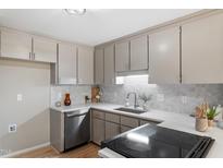 Updated kitchen featuring white countertops, tiled backsplash, stainless steel appliances, and gray cabinets at 58 Stoneridge Rd, Durham, NC 27705