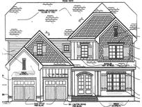 Detailed architectural drawing of a charming home featuring a brick facade and various shingle styles at 1000 Lily Claire Ln, Fuquay Varina, NC 27526