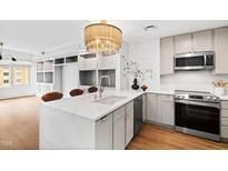 Modern kitchen features waterfall island, stainless steel appliances, and stylish light fixture at 510 Glenwood Ave # 602, Raleigh, NC 27603
