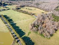 Expansive aerial view of property featuring a long driveway, surrounded by lush green fields and mature trees at 5570 Normans Rd, Rougemont, NC 27572