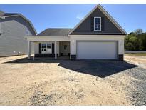 New home with a gray and white color scheme, showcasing a one-car garage and welcoming front porch at 41 W Emily Gardens Dr, Selma, NC 27576