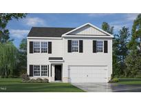 Charming two-story home featuring a classic white facade, black shutters, and an attached two-car garage at 214 Oak Barrel St, Smithfield, NC 27577