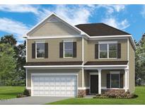 Two-story home with a neutral color scheme, a two-car garage, and classic shutters for a welcoming curb appeal at 4867 Pioneer Dr, Sanford, NC 27330