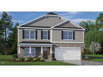 Charming two-story home with stone accents, gray siding, black shutters, and a manicured front yard at 816 Canis Minor Rd, Wendell, NC 27591
