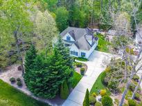 Stunning aerial view of a home with a long driveway and lush green landscaping and mature trees at 255 Williamston Ridge Dr, Youngsville, NC 27596