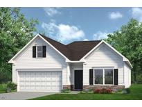 Charming single-Gathering home showcasing white siding, a two-car garage, and tasteful stone accents at 52 E American Marigold Dr # 63, Benson, NC 27504