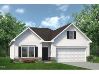 Charming single-story home featuring white siding, black shutters, stone accents, and an attached two-car garage at 52 E American Marigold Dr # 63, Benson, NC 27504