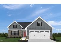 Charming home featuring a two-car garage, gray siding, black roof, and a stone facade at 56 Saintsbury Dr, Fuquay Varina, NC 27526
