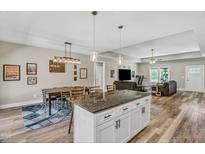 Open-concept living room with kitchen island, dining area, and modern décor, perfect for entertaining guests at 1730 Willie Pace Rd, Burlington, NC 27217