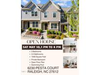 Charming townhomes feature manicured landscaping and inviting entrances for an open house event at 6230 Pesta Ct, Raleigh, NC 27612