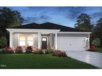 Charming single Gathering home with light gray siding, black roof, attached garage, and meticulously landscaped front yard at 441 White Birch Ln # 66, Angier, NC 27501