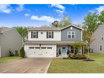 Charming two-story home with a two-car garage, light blue front door, and manicured lawn at 130 Stromness Path, Clayton, NC 27527