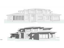 Two story home architectural rendering featuring large windows, stone accents, and a unique roofline at 164 Blufftonwood Dr # 35, Pittsboro, NC 27312