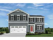 Charming two-story home featuring gray siding, black shutters, white trim, a red front door, and a two-car garage at 111 N Coral Bells Way Way, Four Oaks, NC 27524