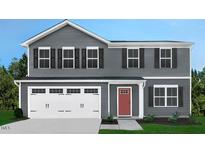 Two-story home featuring gray siding, a two-car garage, and a red front door at 294 N Coral Bells Way, Four Oaks, NC 27524
