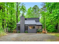 Modern style home with a gray exterior nestled among mature trees at 121 Ladybug Ln, Chapel Hill, NC 27516