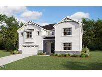 New construction two-story home with white siding, black roof, manicured lawn, and attached two-car garage at 179 Yellow River Way, Garner, NC 27529