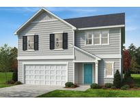Charming two-story home showcasing light gray siding, a neatly manicured lawn, and a welcoming blue front door at 305 Spelt Ct, Rolesville, NC 27571