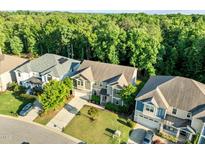 An aerial view shows the home nestled among lush, mature trees with a well-manicured lawn at 109 Highland Mist Cir, Apex, NC 27539
