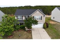 Traditional two-story home featuring a two-car garage, well-maintained lawn, and mature trees at 126 Thimbleweed Ln, Lillington, NC 27546