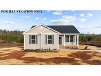 Charming single-story home featuring a covered porch, gray siding, and complementary dark shutters at 70 Brookhaven Dr, Spring Hope, NC 27882