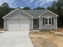 Charming exterior of a gray home with a white garage door, complemented by a well-maintained lawn and trees at 9254 Turkey Way, Middlesex, NC 27557
