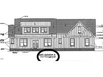 Detailed exterior elevation featuring vertical siding, brick base, and symmetrically arranged windows, showcasing classic architectural design at 11108 Patina Ln, Wendell, NC 27591