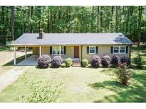 Charming single-story home with a metal roof, cozy front porch, and well-manicured landscaping in a wooded setting at 4221 River Run Dr, Sanford, NC 27332