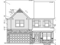 Detailed architectural rendering showing the front elevation with a brick-stone base and traditional trim at 1036 Channel Drop Lp, Zebulon, NC 27597