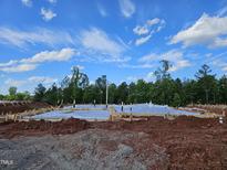 This is a homes foundation under construction with trees in the background, and a bright blue sky overhead at 3003 Dog Rose Dr # 176, Durham, NC 27703