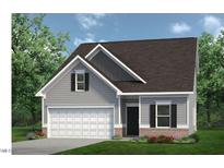 Charming two-story home featuring gray siding, black shutters, and an attached one-car garage at 55 E American Marigold Dr # 36, Benson, NC 27504