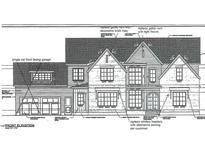 An elevation view reveals a home design with a single car garage, brick veneer foundation, and decorative gable vents at 110 Spanish Oak Dr, Youngsville, NC 27596