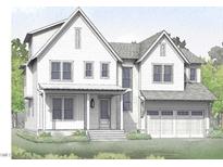 Illustration of a charming two-story home with a covered porch and a two-car garage, surrounded by lush greenery at 1807 Ridley St, Raleigh, NC 27608