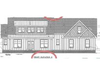 Architectural drawing showing the front elevation of a two-story home with detailed window and roof design at 11125 Patina Ln, Wendell, NC 27591