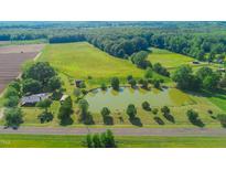 Aerial view of a property featuring a pond, fields, mature trees, and the home at 623 Chambers Rd, Rougemont, NC 27572