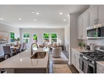 Bright kitchen features an island, stainless steel appliances, and open concept living area at 235 Paramount Dr, Smithfield, NC 27577
