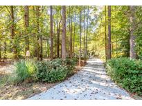 View of a long gravel driveway leading to a cozy home surrounded by lush trees at 10816 Bent Branch Dr, Raleigh, NC 27603