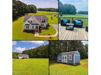 Composite view showing home exterior, deck with seating, and detached shed providing a snapshot of the property's features at 6916 Morrow Mill Road, Chapel Hill, NC 27516