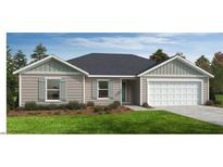 Charming single story home with gray siding, shutters, a two-car garage, and a well-manicured lawn at 90 Caspian Ct, Lillington, NC 27546