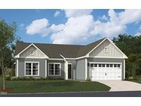 Charming single-story home featuring a gray exterior, attached garage, well-manicured lawn, and beautiful landscaping at 1107 Masters Place Way # 155, Durham, NC 27703